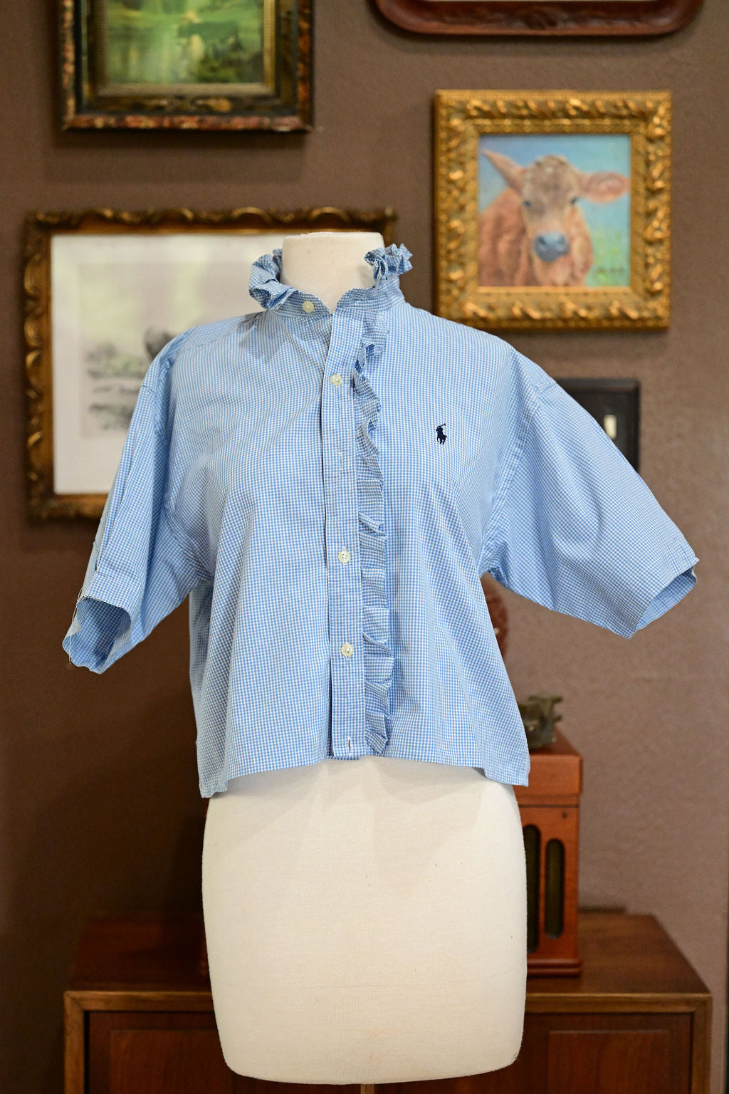Blue and White Check Long Sleeve Polo Shirt - S
