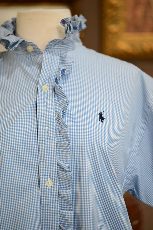 Blue and White Check Long Sleeve Polo Shirt - S