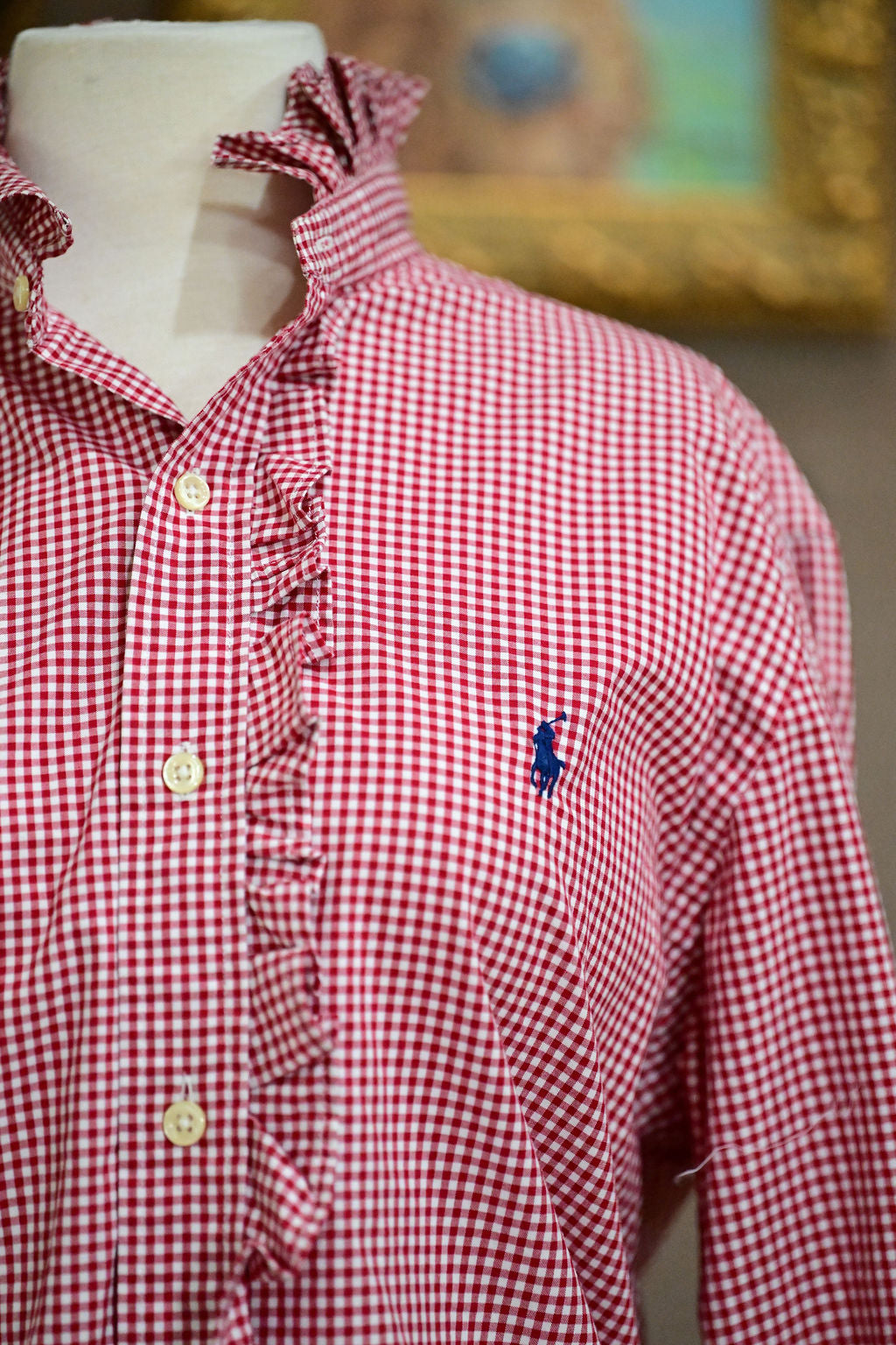 Red and White Check Long Sleeve Polo Shirt - M
