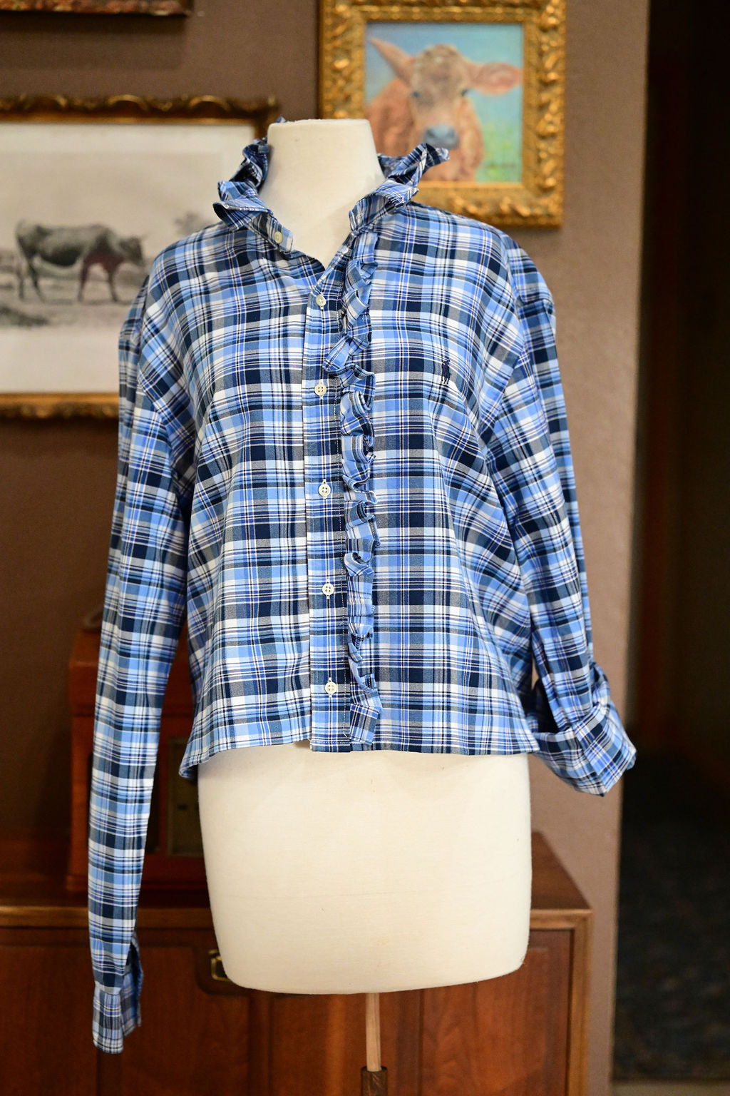 Blue and White Plaid Long Sleeve Polo  - L