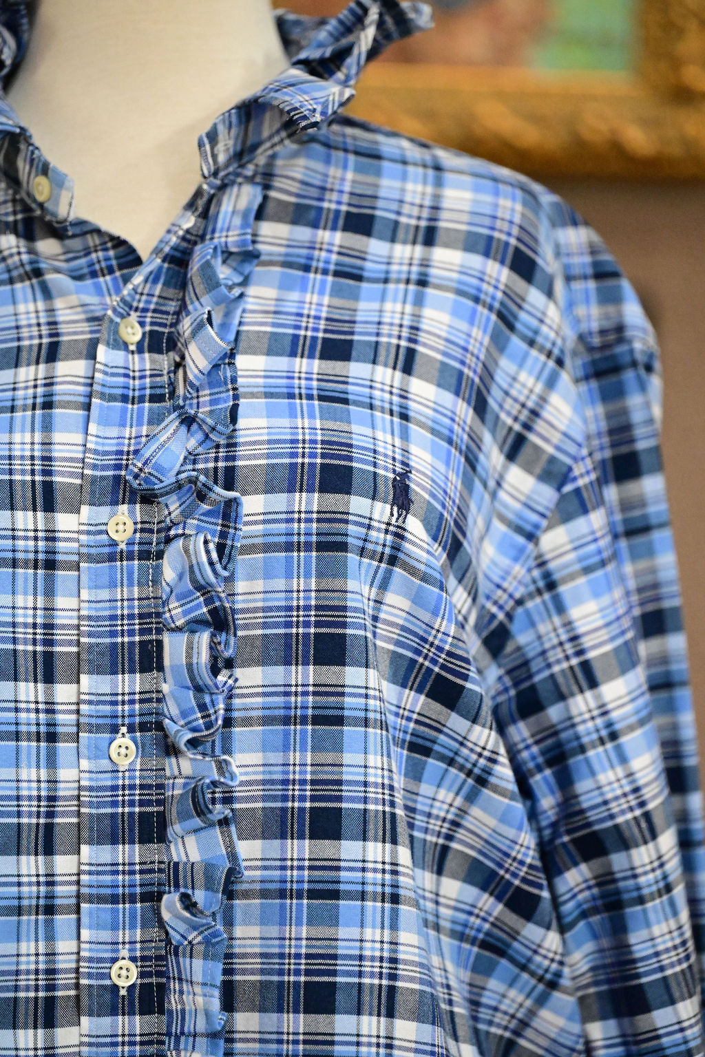Blue and White Plaid Long Sleeve Polo  - L