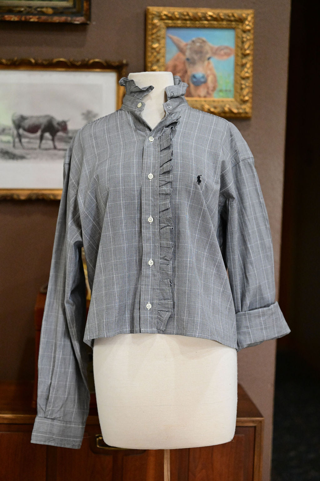 Gray Plaid Long Sleeve Polo Shirt - L