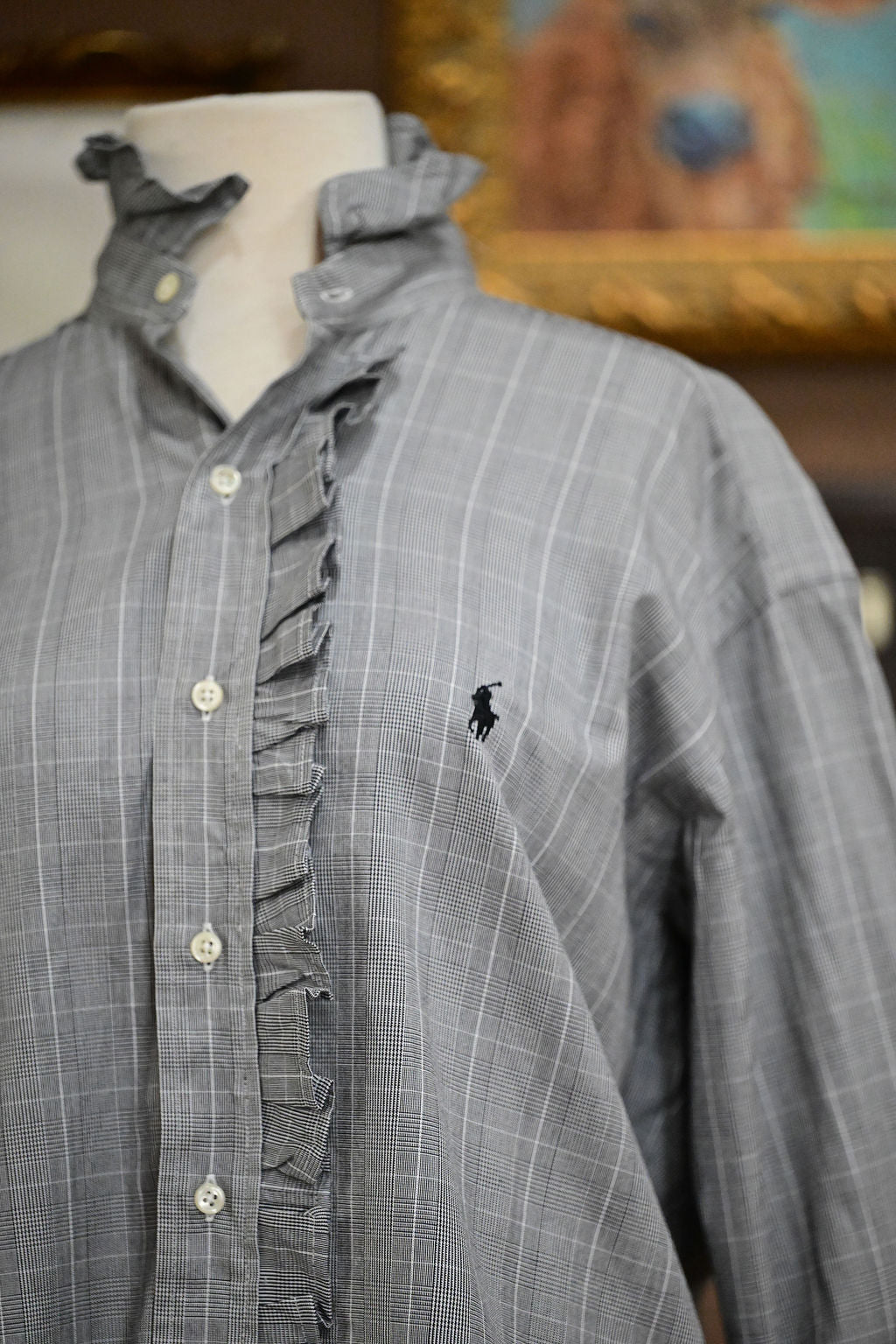 Gray Plaid Long Sleeve Polo Shirt - L