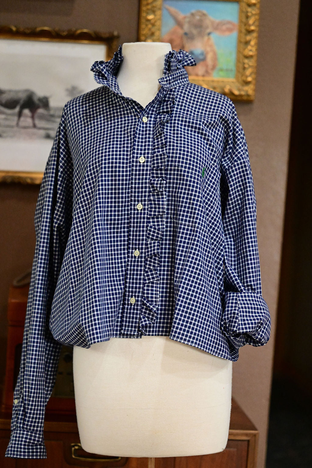 Blue and White Check Long Sleeve Polo Shirt  - XL