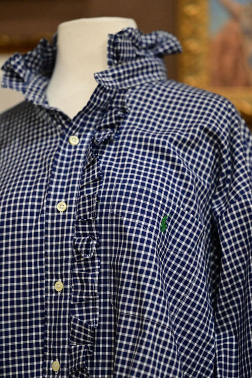 Blue and White Check Long Sleeve Polo Shirt  - XL