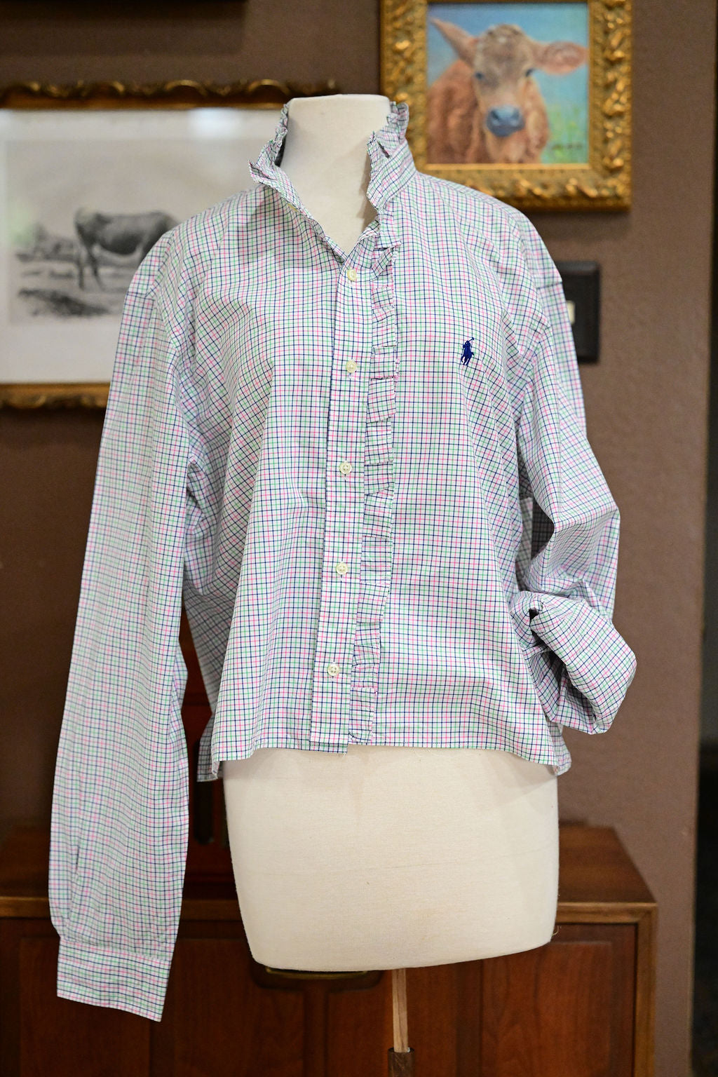 White, Pink, Green, Blue Long Sleeve Polo Shirt - L