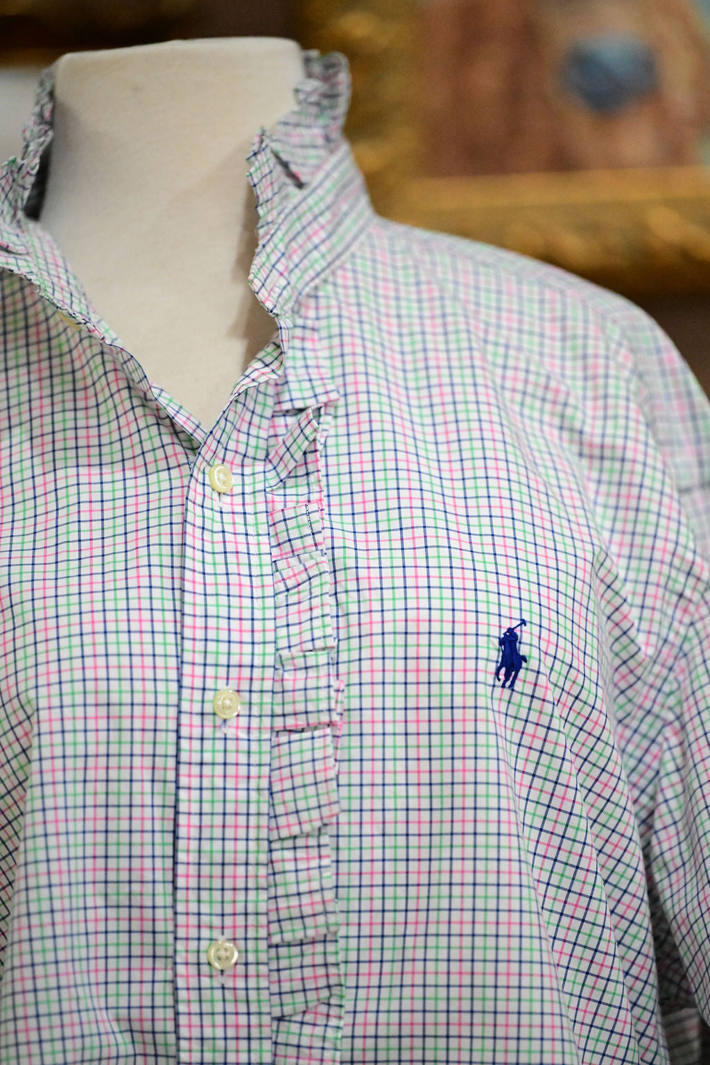 White, Pink, Green, Blue Long Sleeve Polo Shirt - L