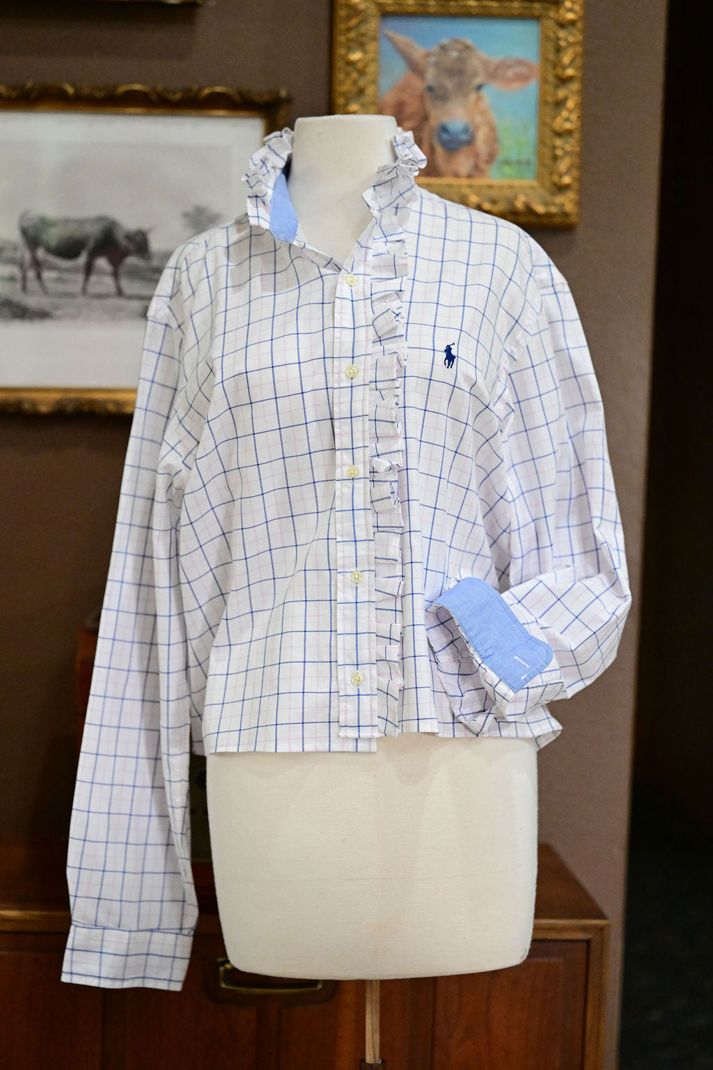 White, Blue, and Pink Long Sleeve Polo Shirts - L