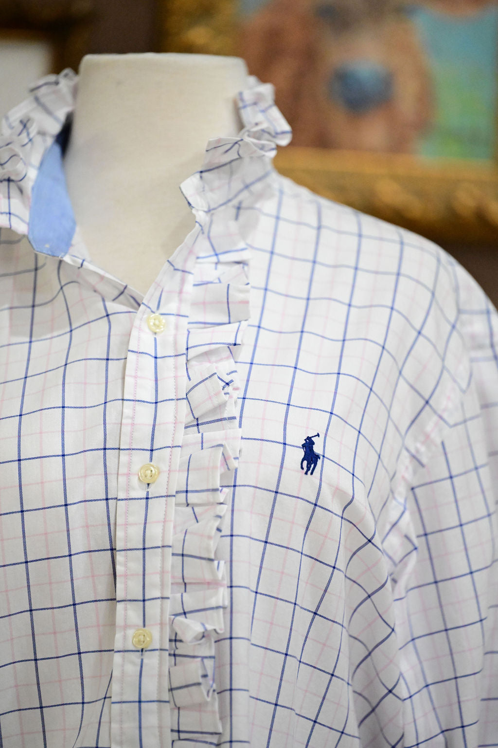 White, Blue, and Pink Long Sleeve Polo Shirts - L