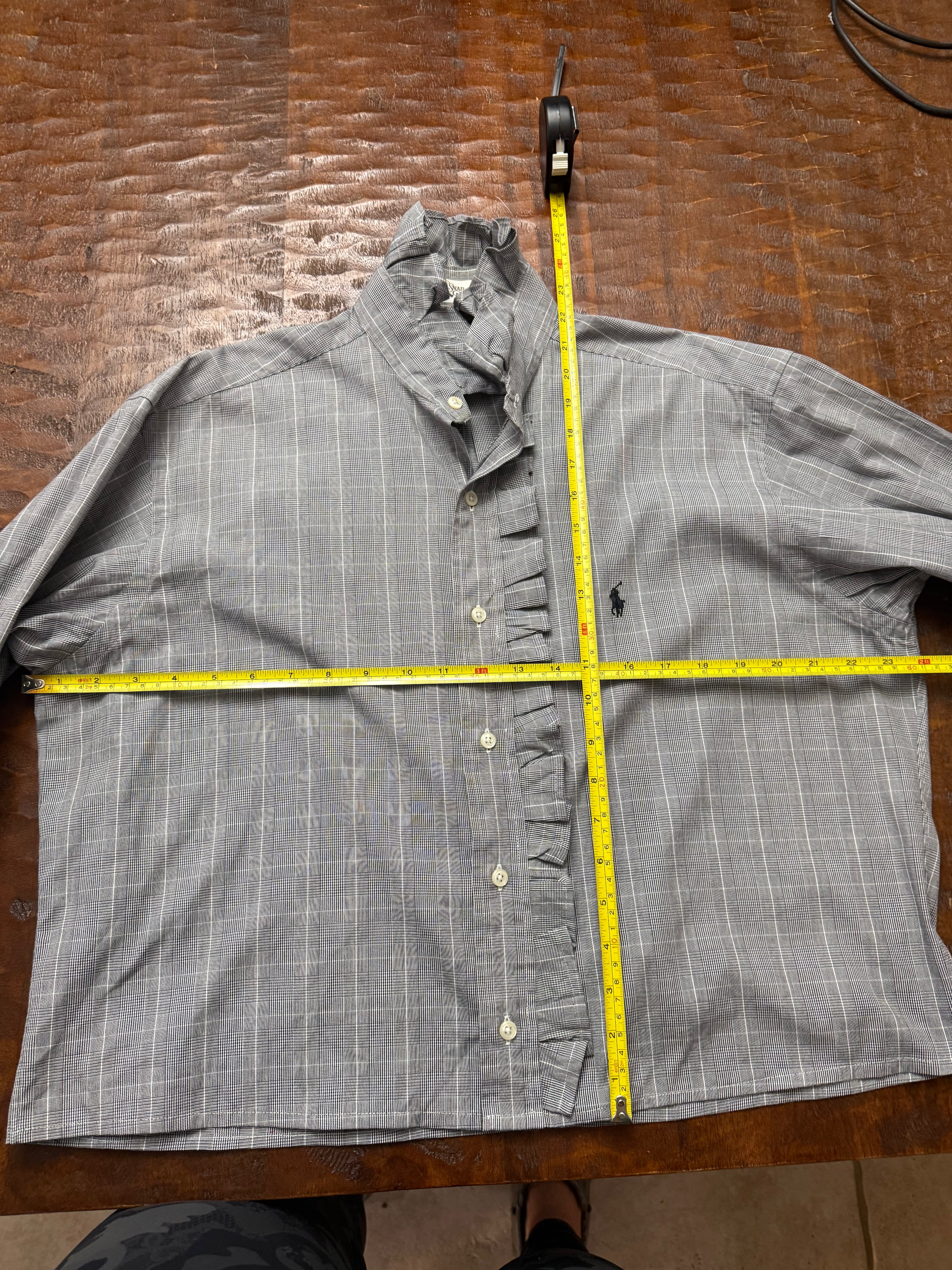 Gray Plaid Long Sleeve Polo Shirt - L