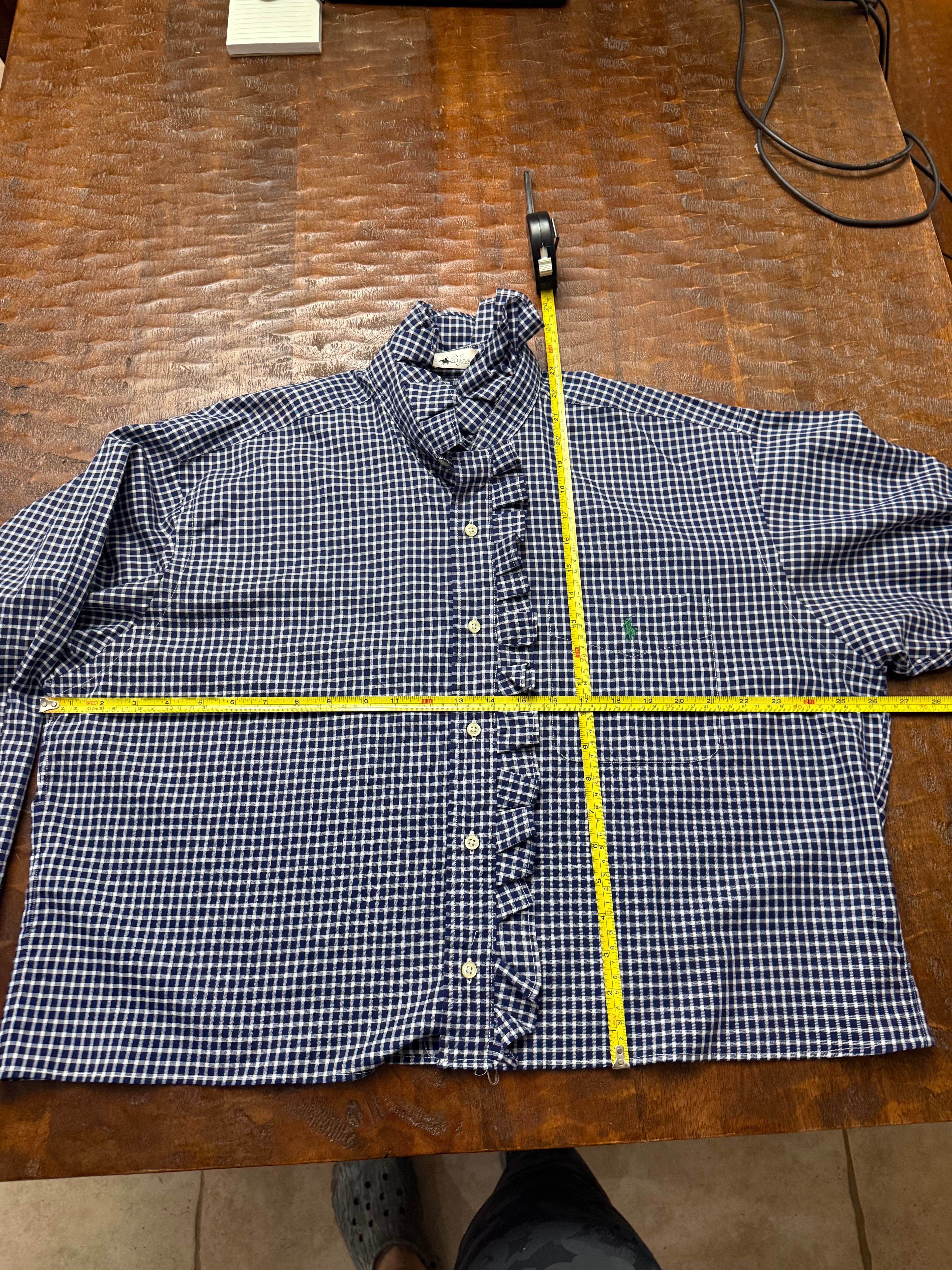 Blue and White Check Long Sleeve Polo Shirt  - XL
