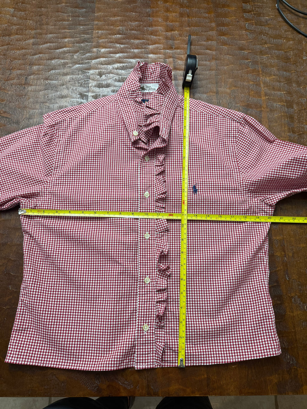 Red and White Check Long Sleeve Polo Shirt - M
