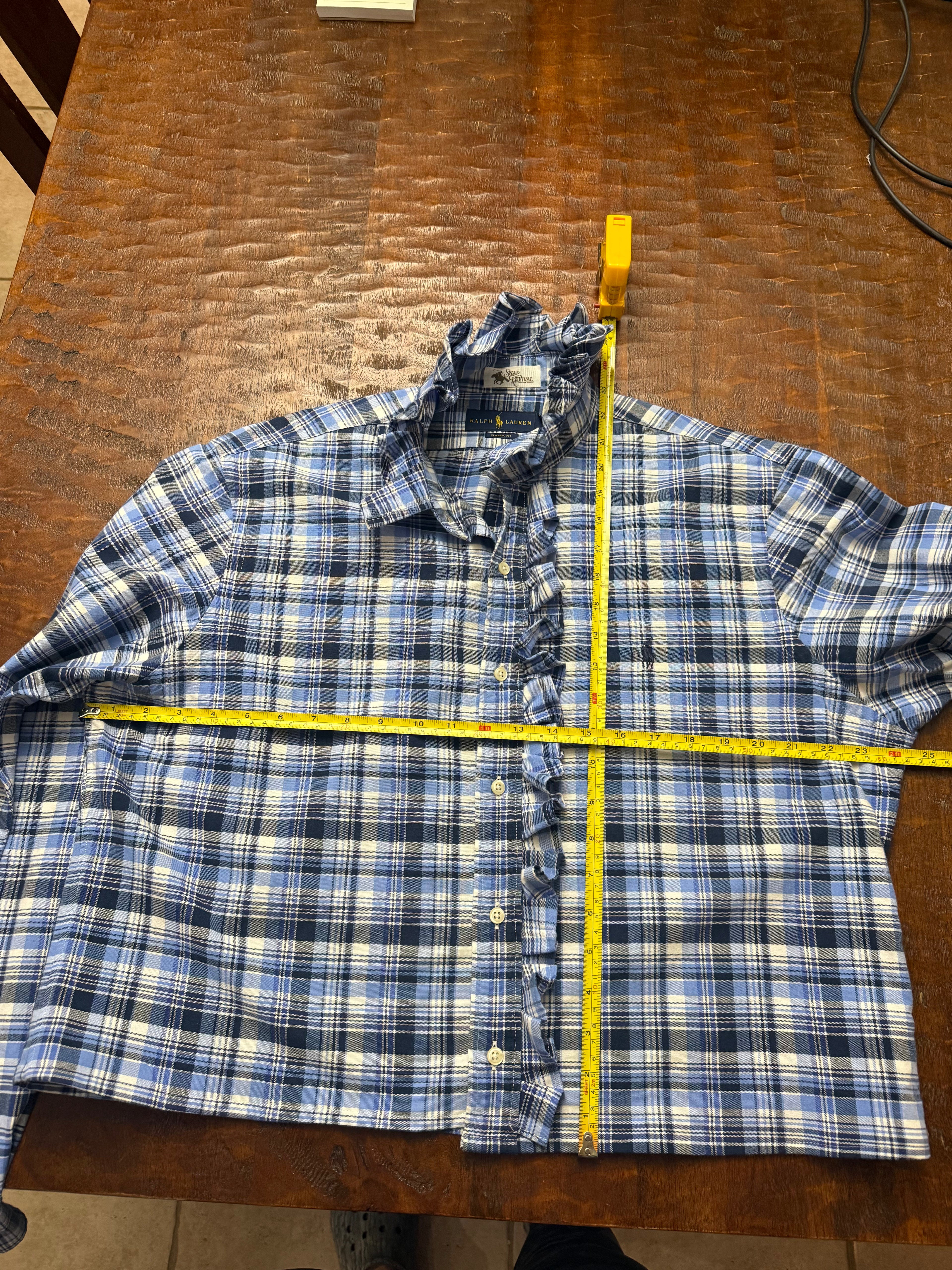 Blue and White Plaid Long Sleeve Polo  - L