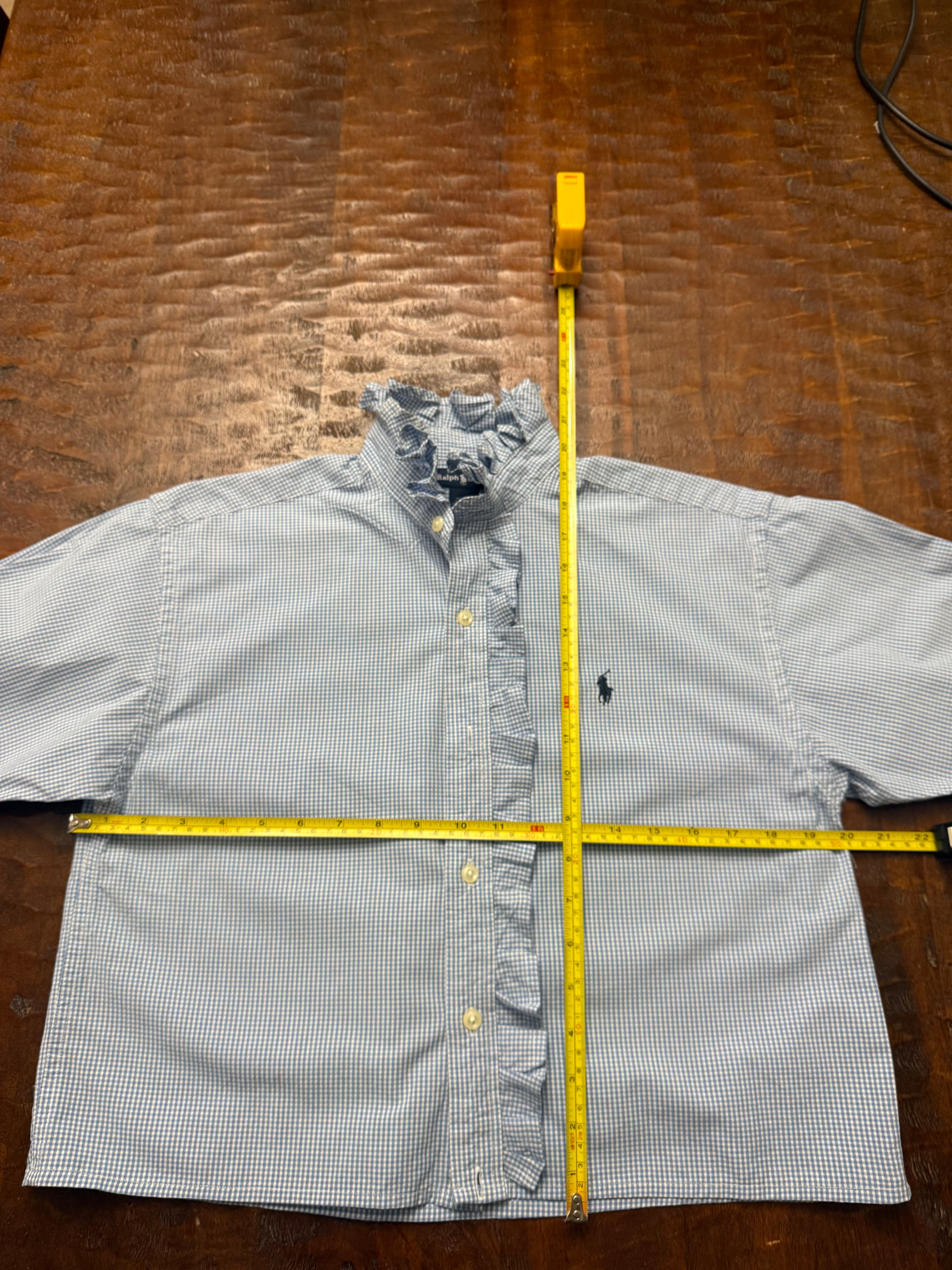 Blue and White Check Long Sleeve Polo Shirt - S